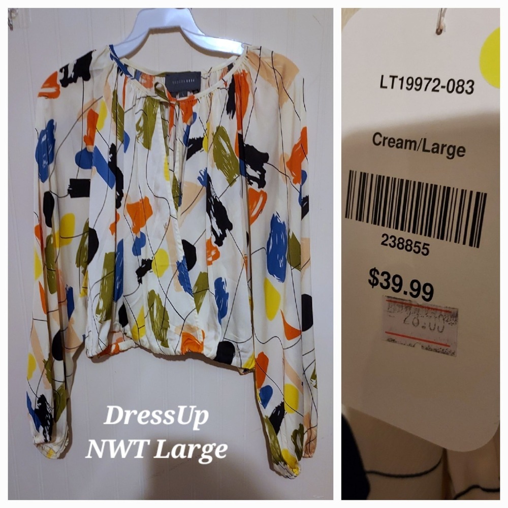 NWT Hudson Gray Abstract Art Print Surplice Crop Blouse - Large